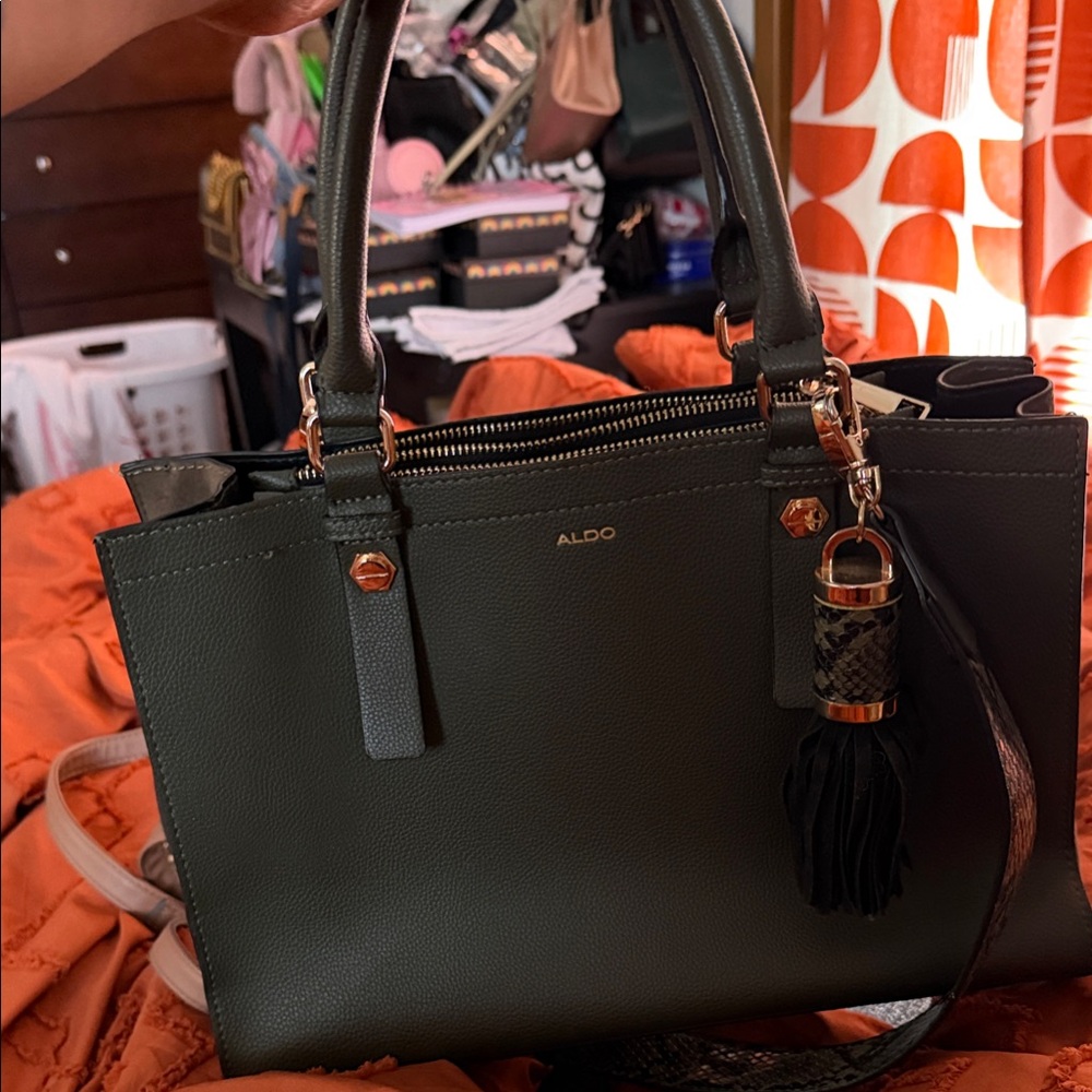 Aldo Dark Green Satchel with Tassel